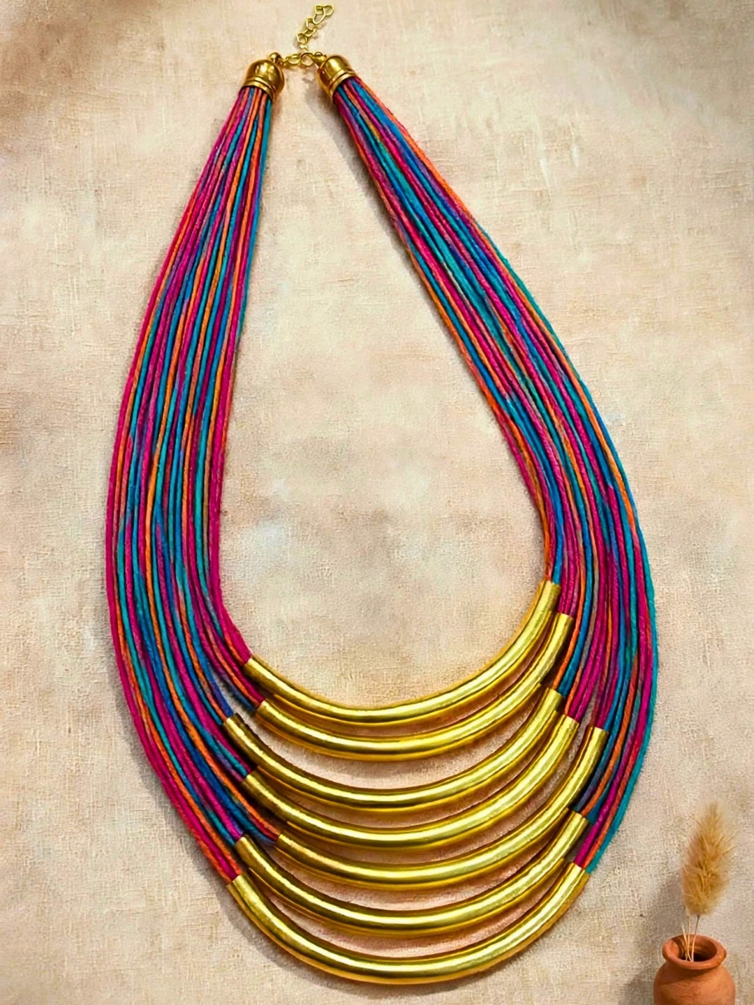 Gold-Plated Oxidised Statement Multi Thread Layered Jute Necklace