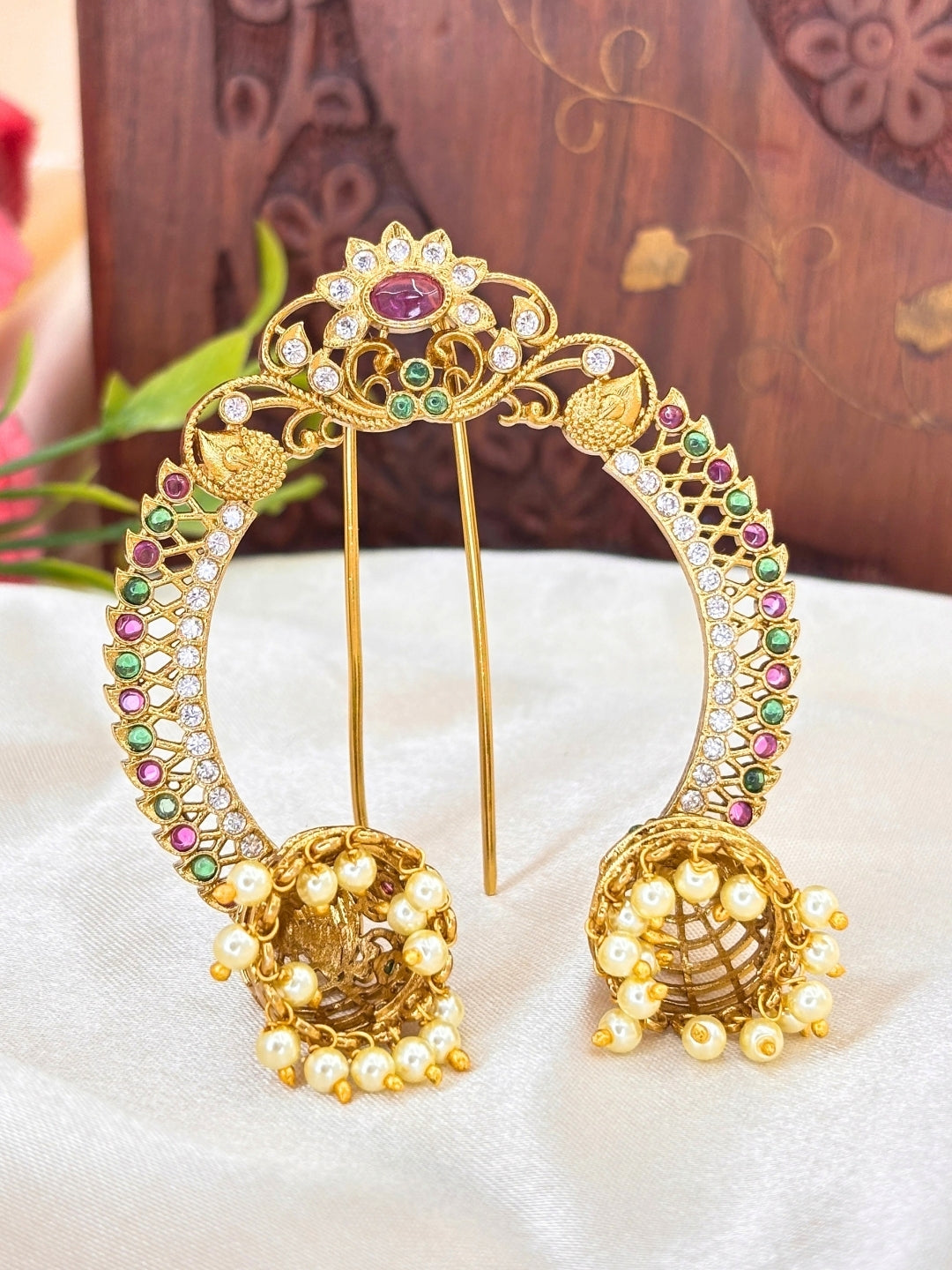Gold-Plated Multicolour AD Stone Embellished Pearl Jhumka Juda Pin