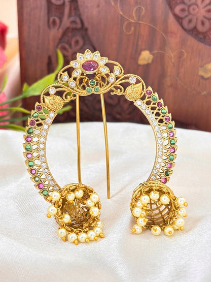 Gold-Plated Multicolour AD Stone Embellished Pearl Jhumka Juda Pin