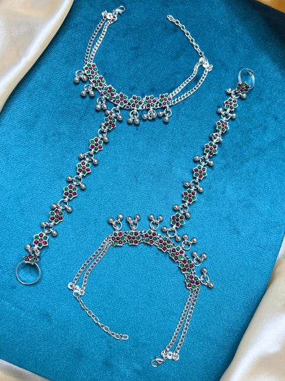Women Silver-Plated Pink Kundan Stone-Studded Floral Anklet with Toe Ring