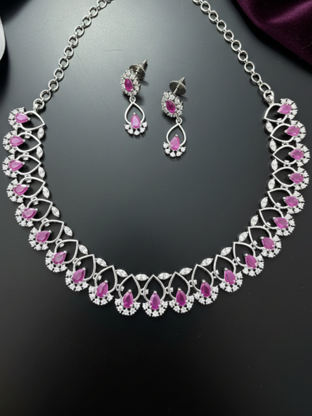 Rhodium-Plated White and Pink Ad & Cubic Zirconia Studded Jewellery Set