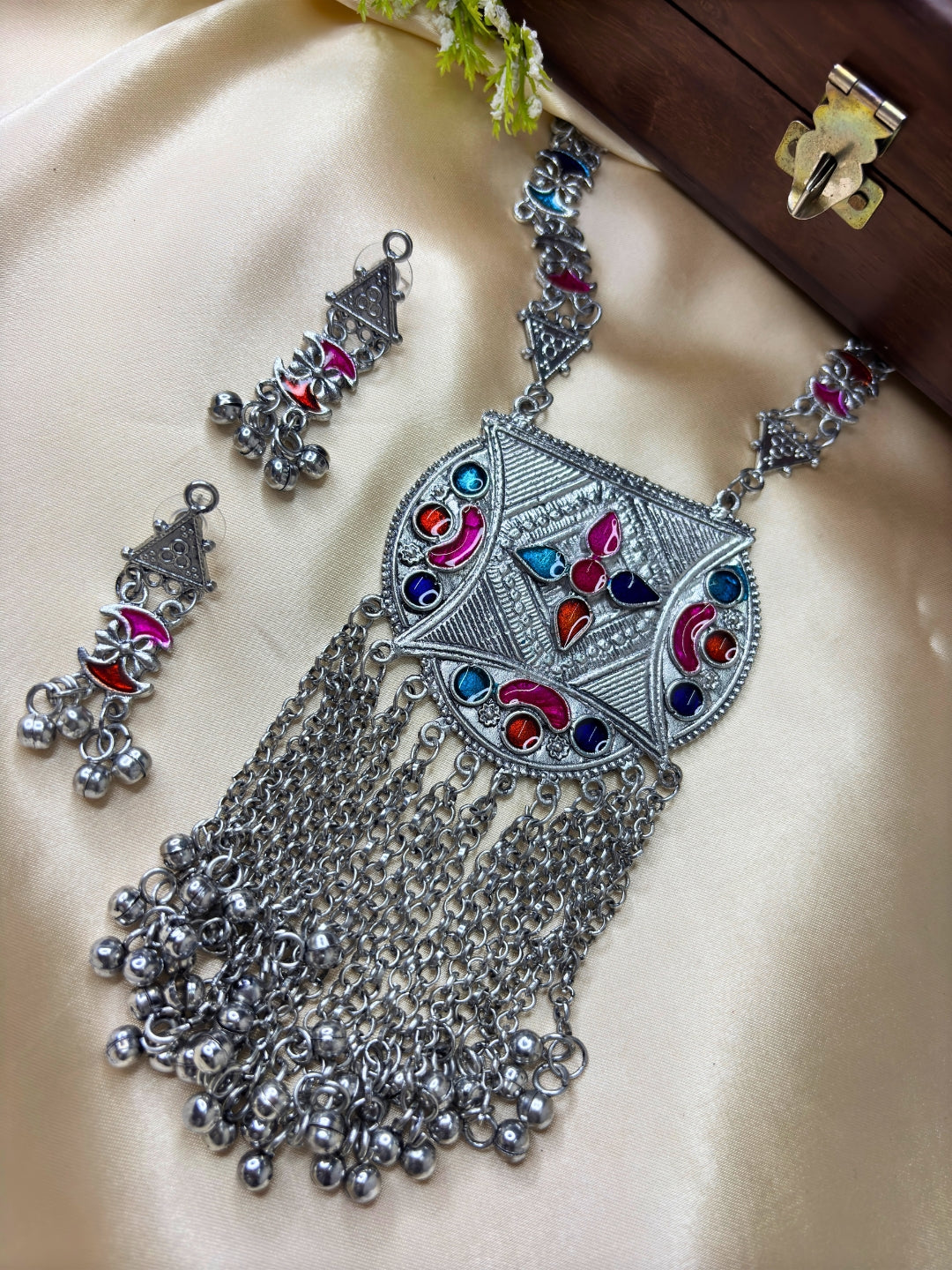 Women Oxidised Silver-Plated Multicolour Stone Studded Long Pendant Necklace Jewellery Set