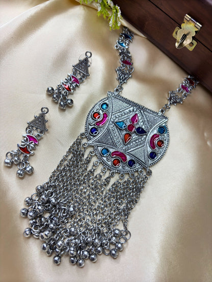 Women Oxidised Silver-Plated Multicolour Stone Studded Long Pendant Necklace Jewellery Set