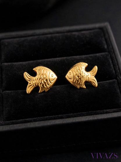 Gold-Plated Fish Motif Textured Stud Earrings