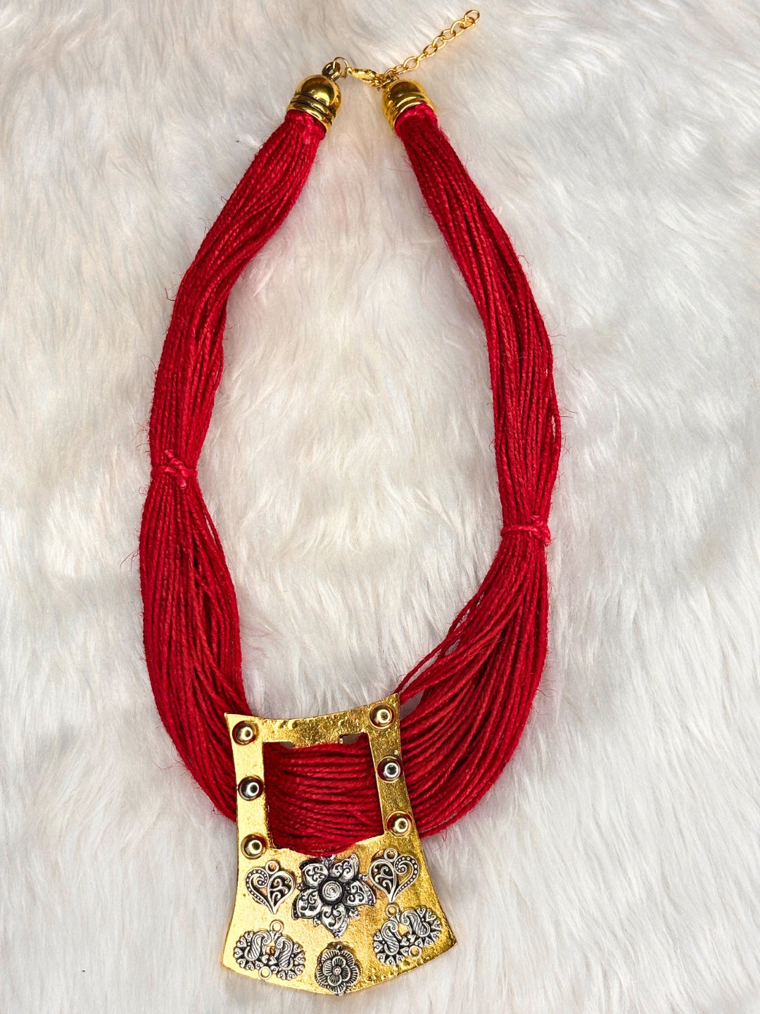 Gold-Plated Oxidised Statement Red Thread Jute Necklace