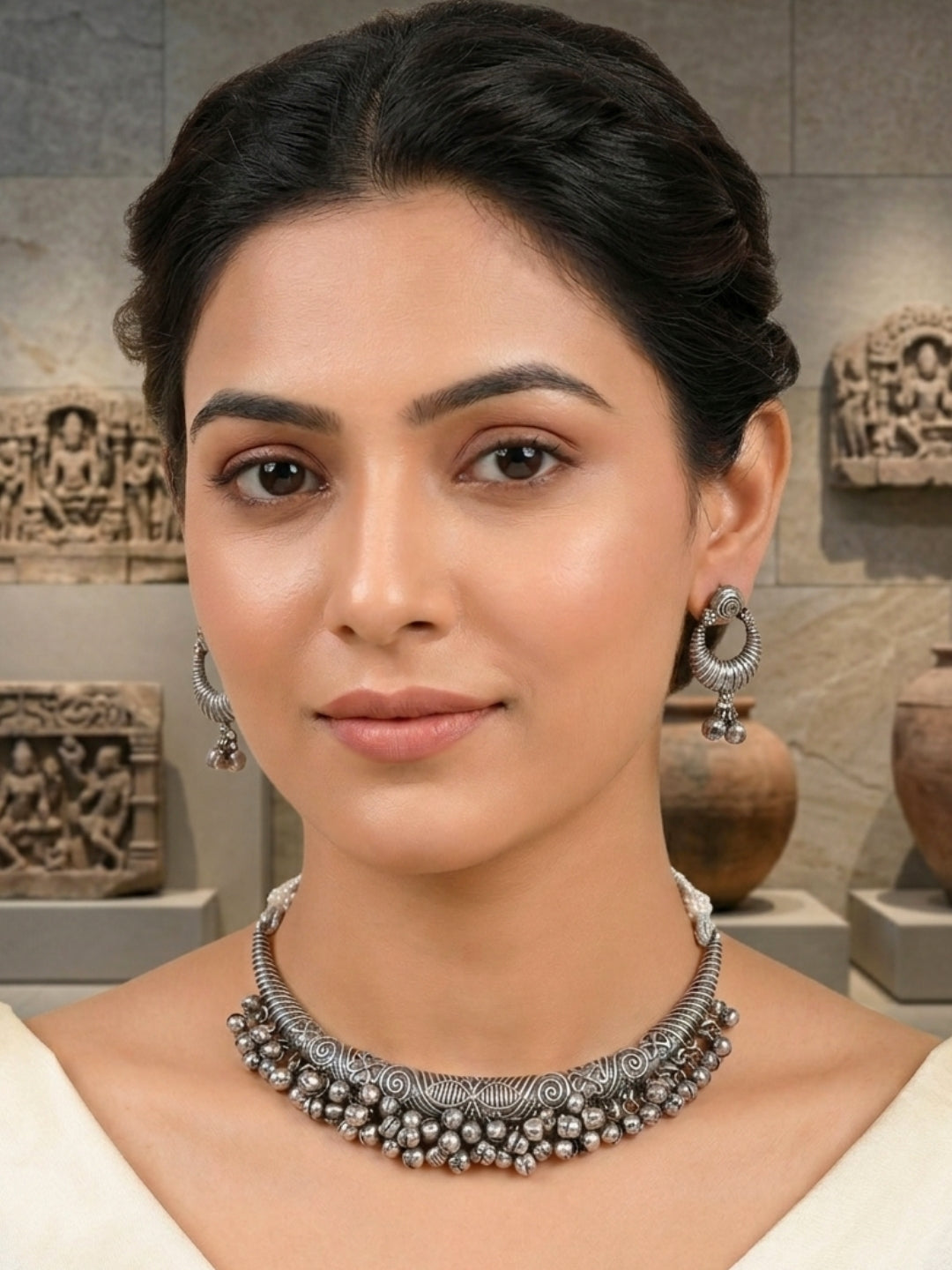 VIVAZS Silver-Plated Oxidised Necklace set with Earrings