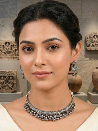 VIVAZS Silver-Plated Oxidised Necklace set with Earrings