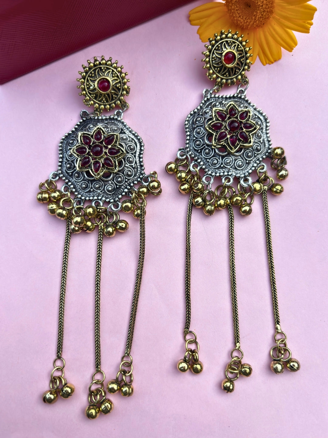 Oxidised Dual Tone Long Earrings
