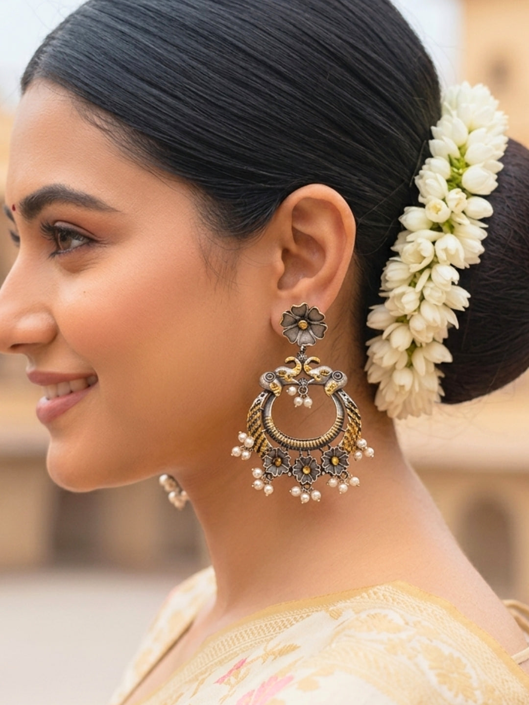 Oxidised Silver-Plated Floral & Pearl Embellished Peacock Statement Drop Earrings
