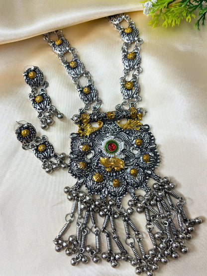 Women Oxidised Silver-Plated & Gold-Toned Stone Studded Long Pendant Necklace Jewellery Set