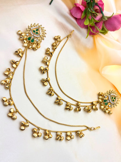 Women Gold-Plated Kundan Studded Earrings with Hair Chain