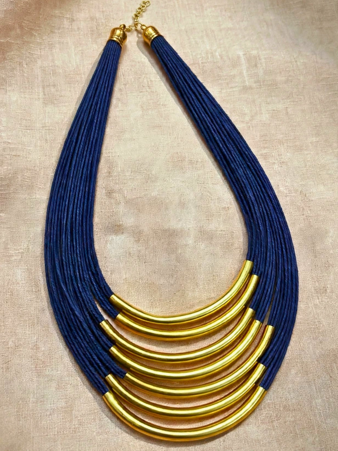 Gold-Plated Oxidised Statement Blue Thread Layered Jute Necklace