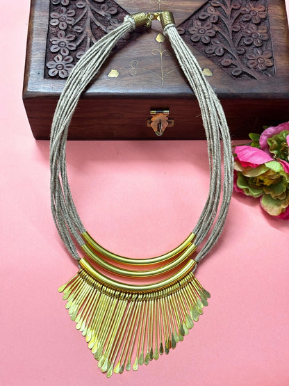 Brass and Jute Oxidised Gold Studded Crochet Necklace