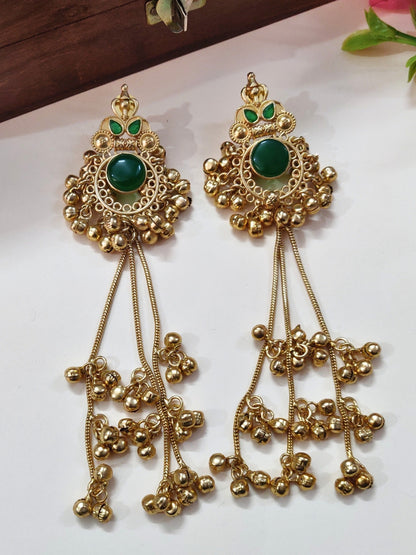 Gold-Plated Kundan & Ghungaroo Beaded Kashmiri Drop Earrings