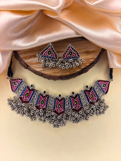 Oxidised Silver-Plated Multicolour Tribal Choker Jewellery Necklace Set