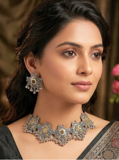 Oxidised Silver-Plated Dual-Tone Floral Statement Choker Necklace Jewellery Set