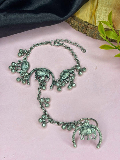 Oxidised Silver-Plated Elephant Haath Phool Hand Harness Bracelet