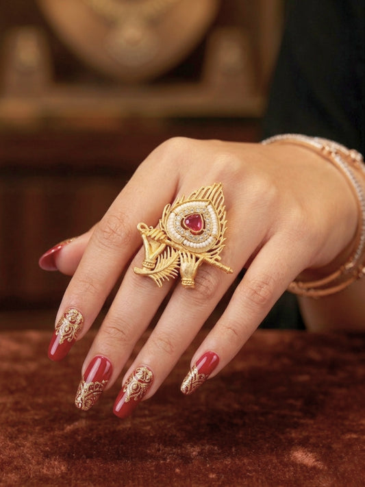Gold-Plated Red AD stones Studded &  Peacock Feather shaped Adjustable Statement Ring