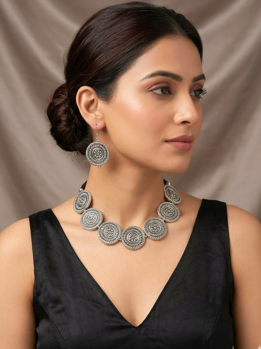 VIVAZS Oxidised Statement Coin Jewellery Set