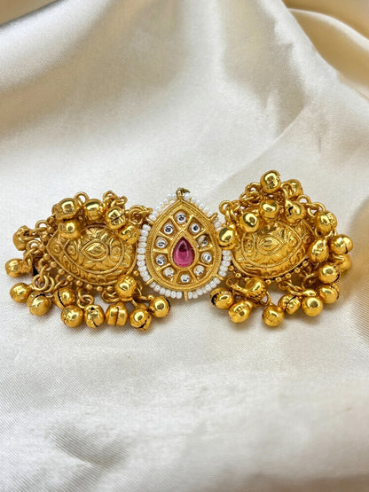 Gold-Plated Green Kundan Stone Ghungroo Statement Adjustable Finger Ring
