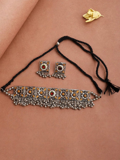 Oxidised Silver-Plated Dual-Tone Floral Statement Choker Necklace Jewellery Set