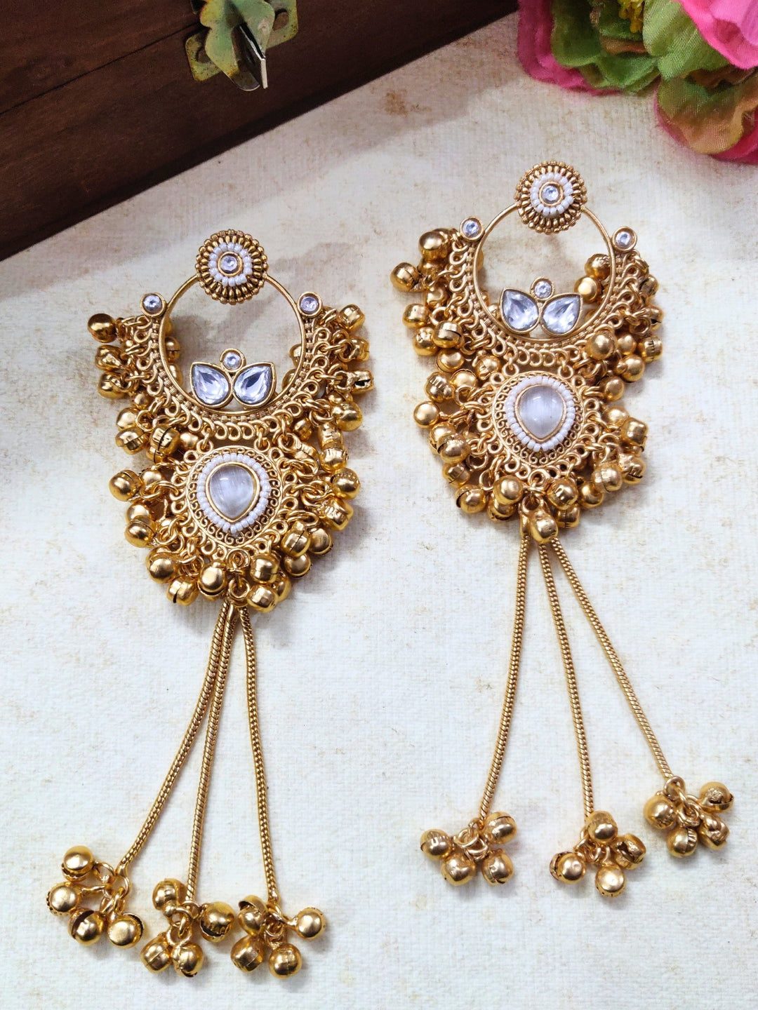 Gold-Plated Kundan & Ghungaroo Beaded Kashmiri Drop Earrings