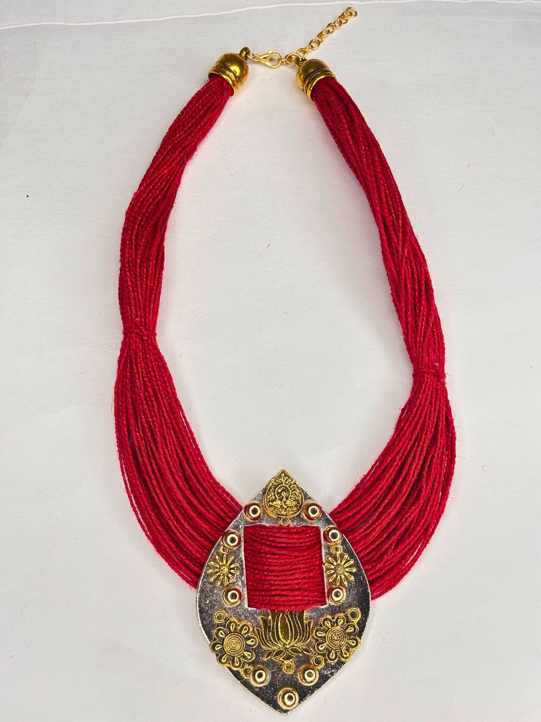Gold-Plated Oxidised Statement Red Thread Jute Necklace