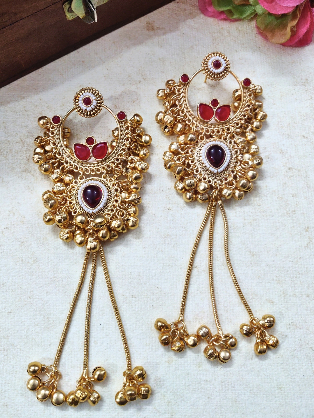 Gold-Plated Kundan & Ghungaroo Beaded Kashmiri Drop Earrings