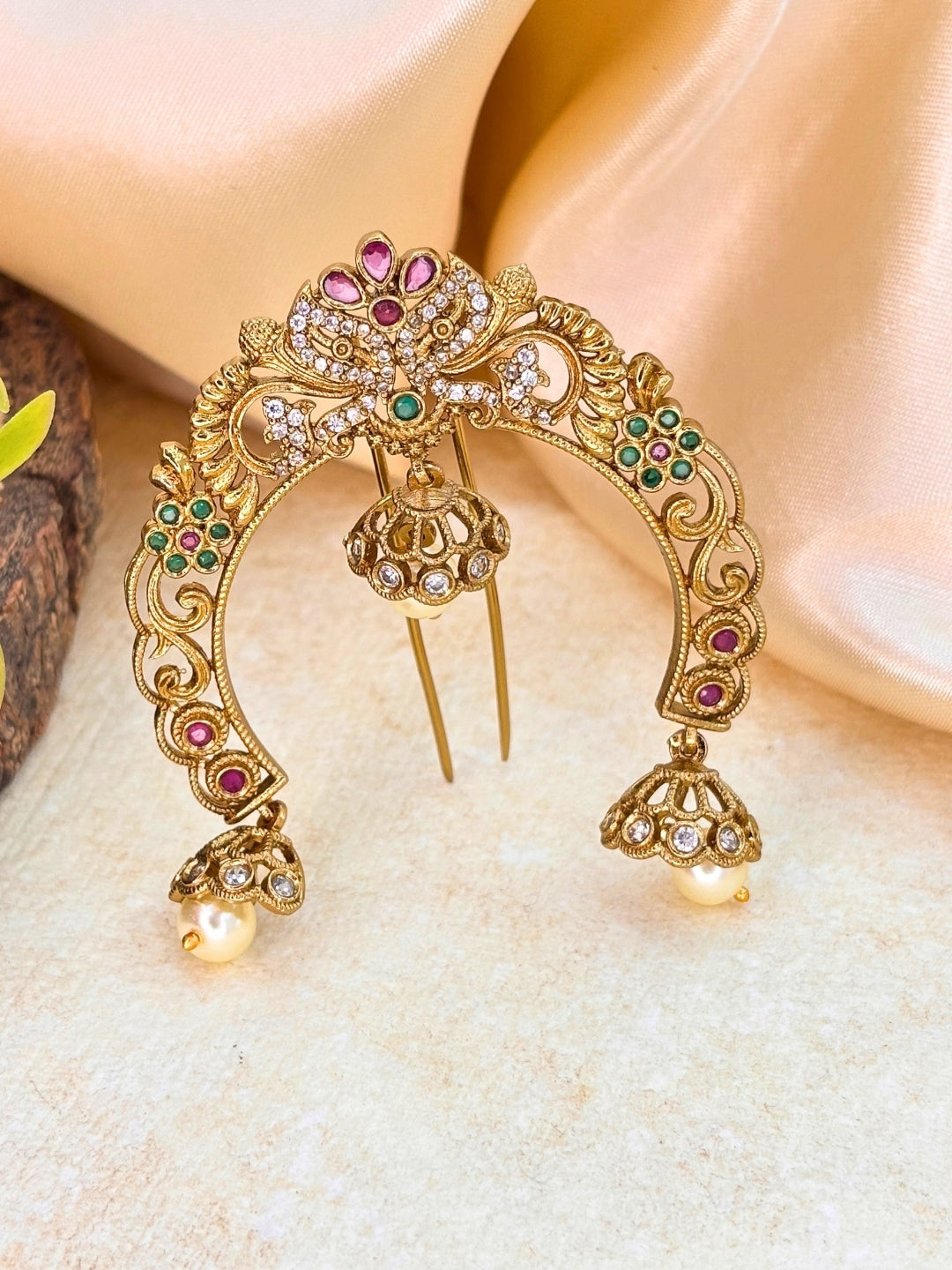 Gold-Plated Kundan and AD Pearl Embellished Traditional Hair Juda Pin