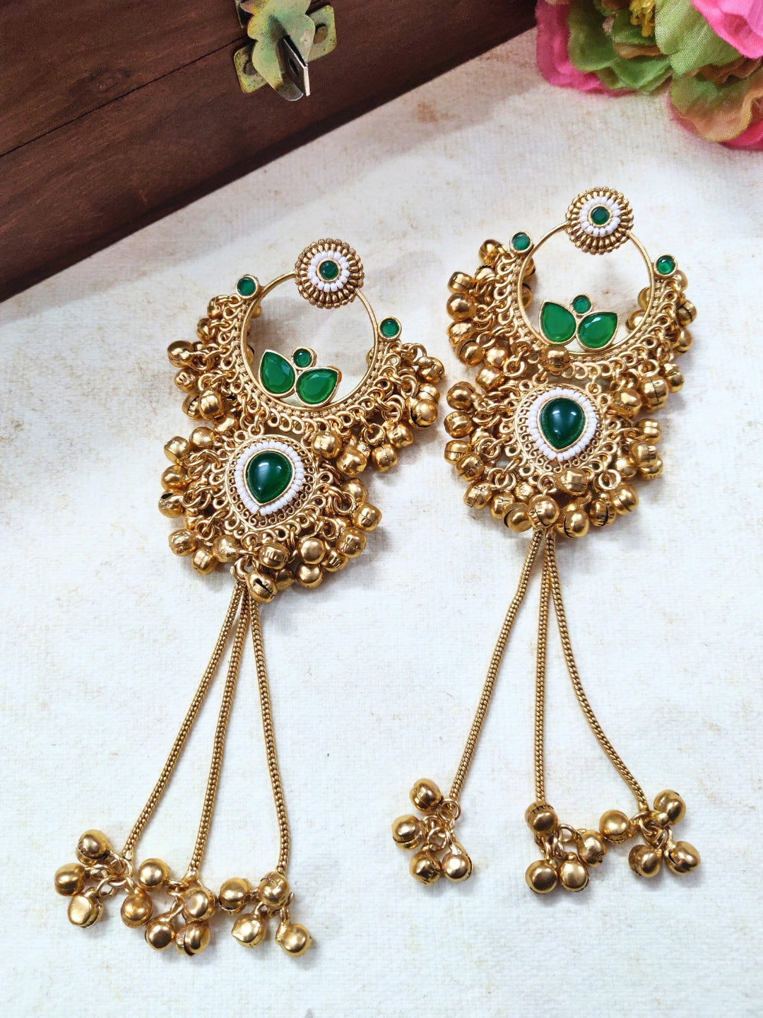 Gold-Plated Kundan & Ghungaroo Beaded Kashmiri Drop Earrings