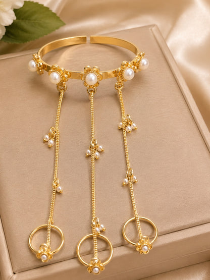 Gold-Plated Pearls Studded Ghungaroo Hath Phool  Kashmiri Ring Bracelet set