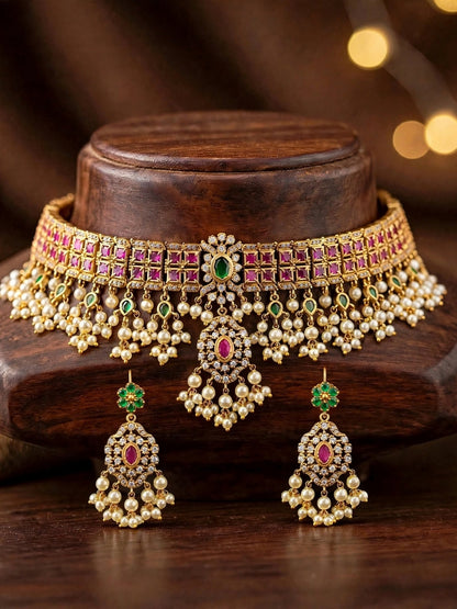Gold-Plated Ruby, Emerald & Cubic Zirconia Studded Choker Set with Pearl Beads