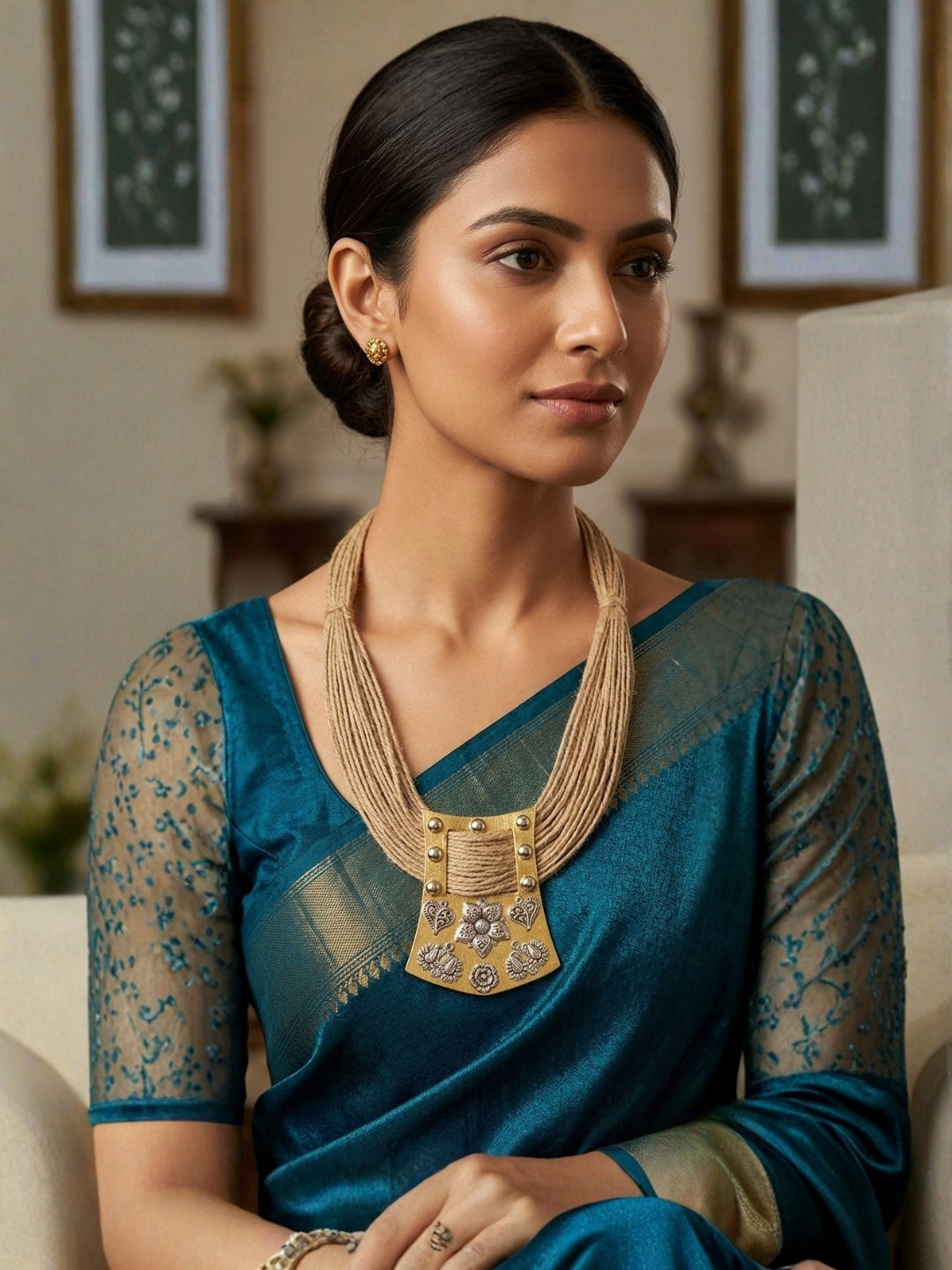 Gold-Toned Oxidised Statement Thread Necklace