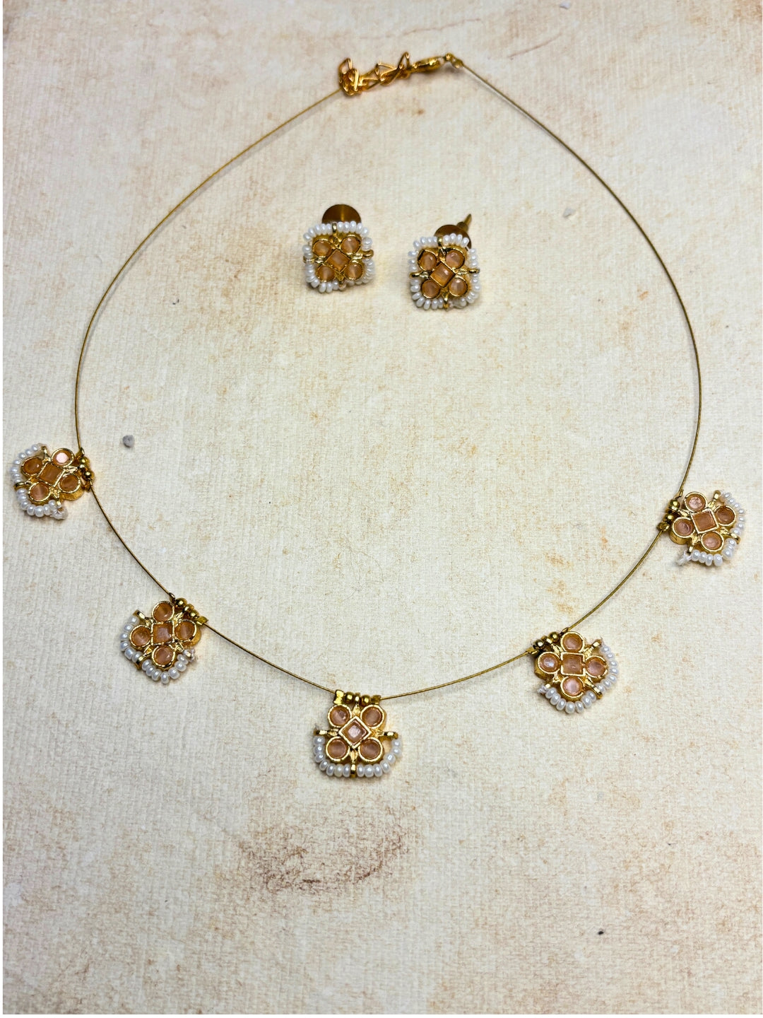 Gold-Plated Pink Stone & Pearl Embellished Minimal Choker Necklace Jewellery Set