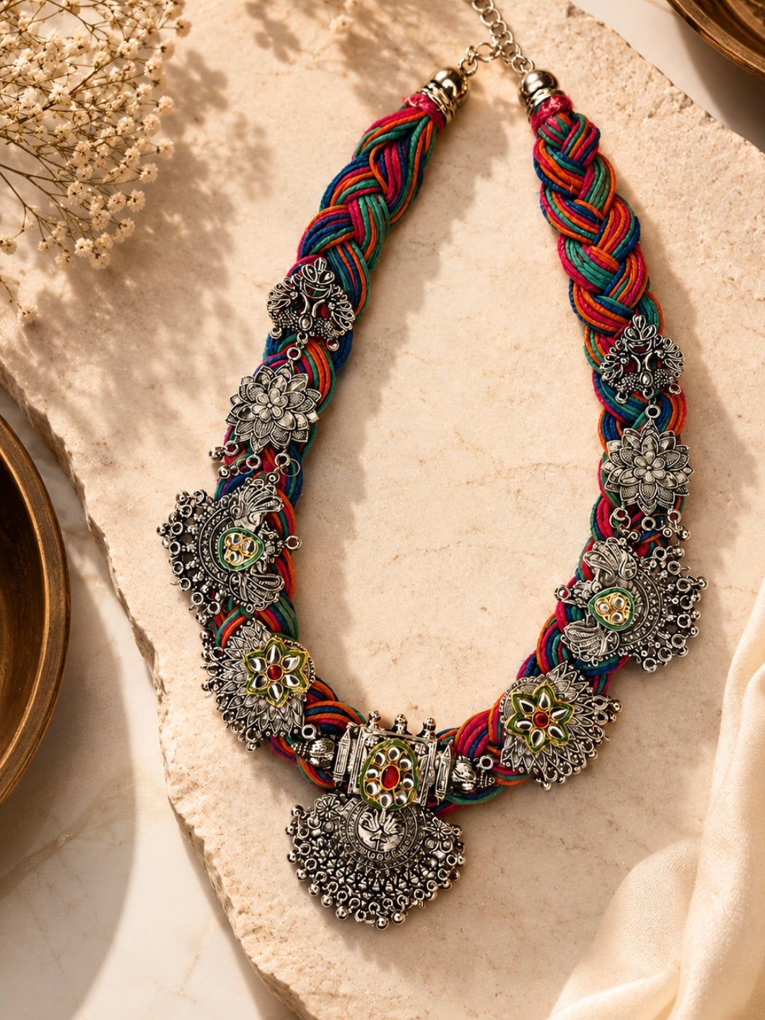 German Silver Floral & Peacock Charm Statement Bohemian Meenakari Multi Jute Necklace