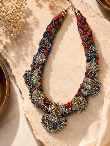 German Silver Floral & Peacock Charm Statement Bohemian Meenakari Multi Jute Necklace