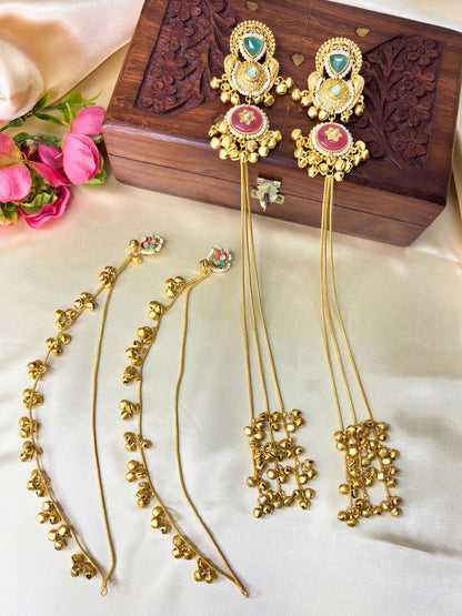 Set Of 2 Gold-Plated Peacock Shaped Kundan & Ghungaroo Studded Kashmiri Drop Earrings