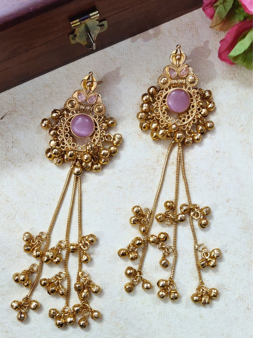 Gold-Plated Kundan & Ghungaroo Beaded Kashmiri Drop Earrings
