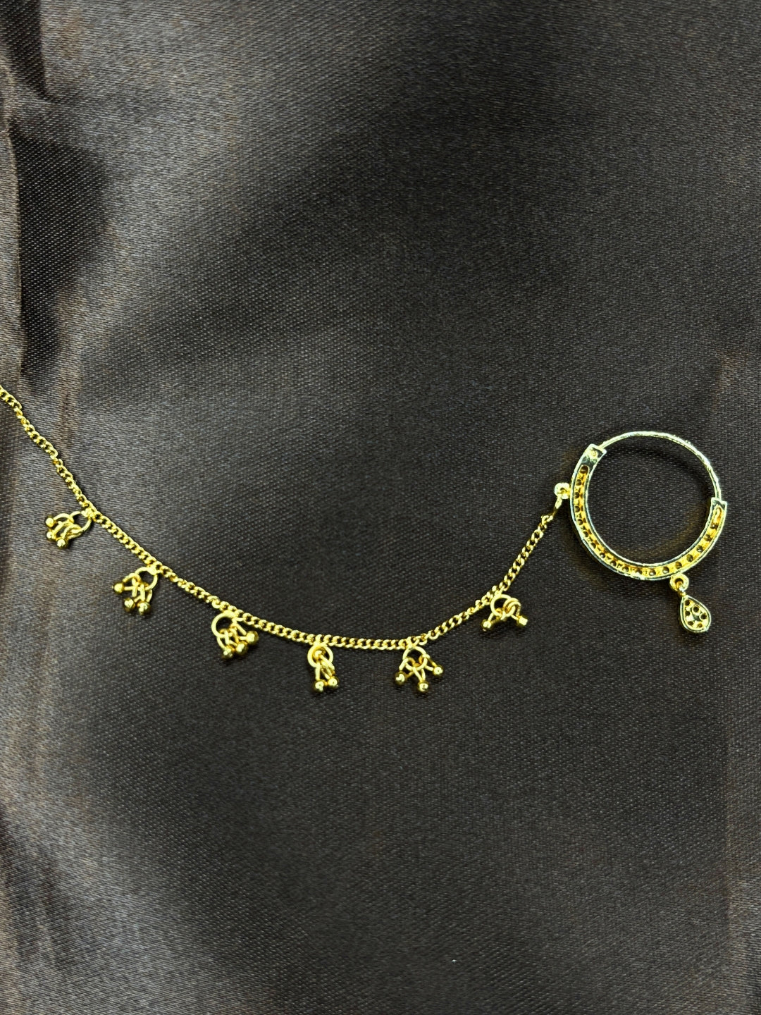 Gold-Plated AD and Cubic Zirconia  chained Adjustable Nosepin Chain (Nath)