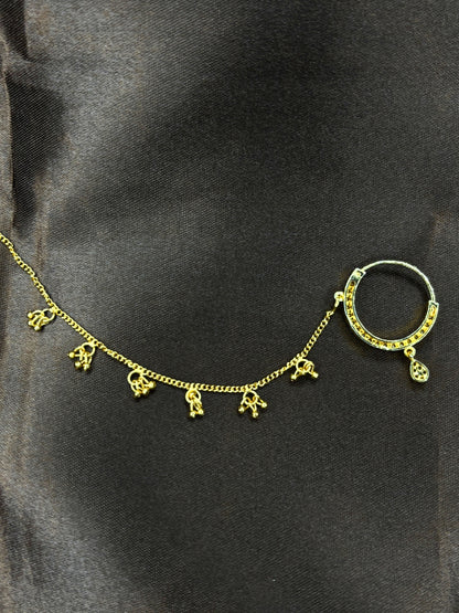 Gold-Plated AD and Cubic Zirconia  chained Adjustable Nosepin Chain (Nath)