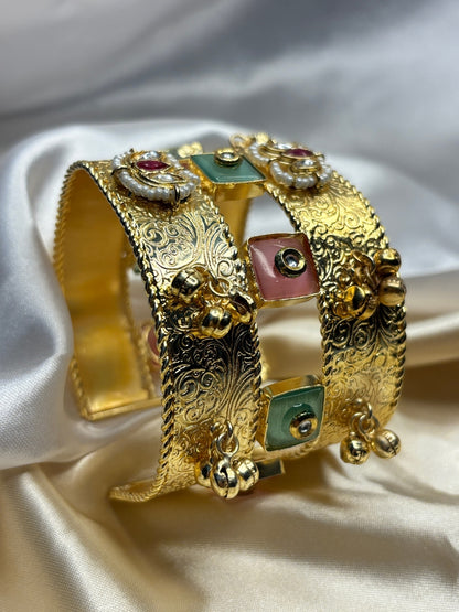 Women Gold-Plated Kundan & Pearl Embellished Adjustable Bangle Bracelet