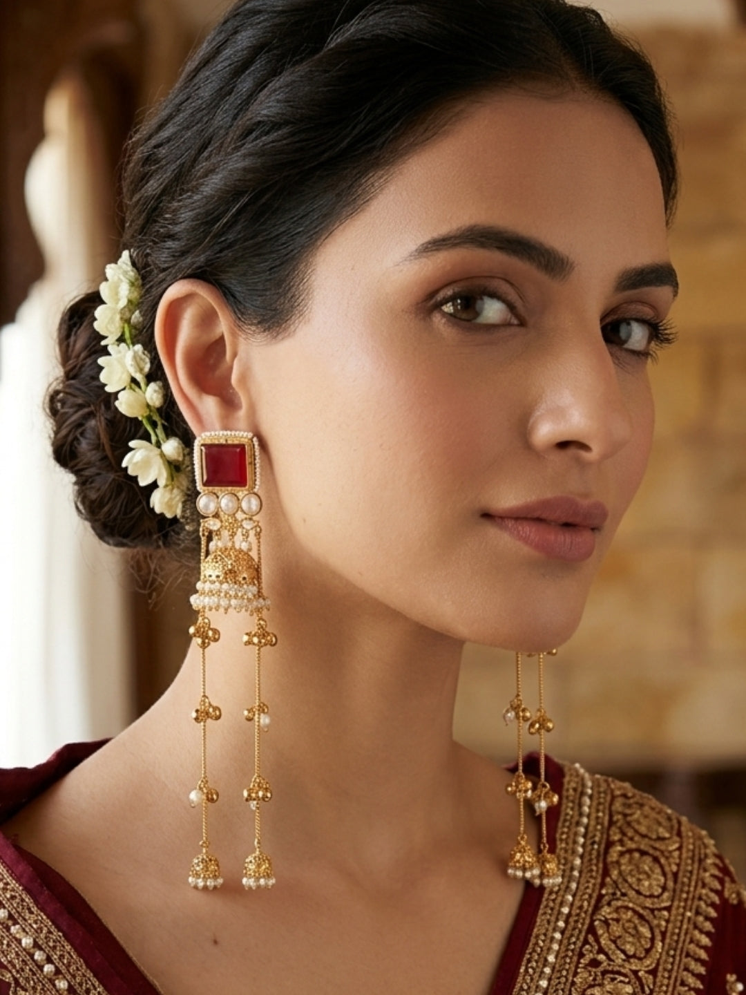 Gold-Plated Red Kundan Stone Long  Kashmiri Drop Earrings