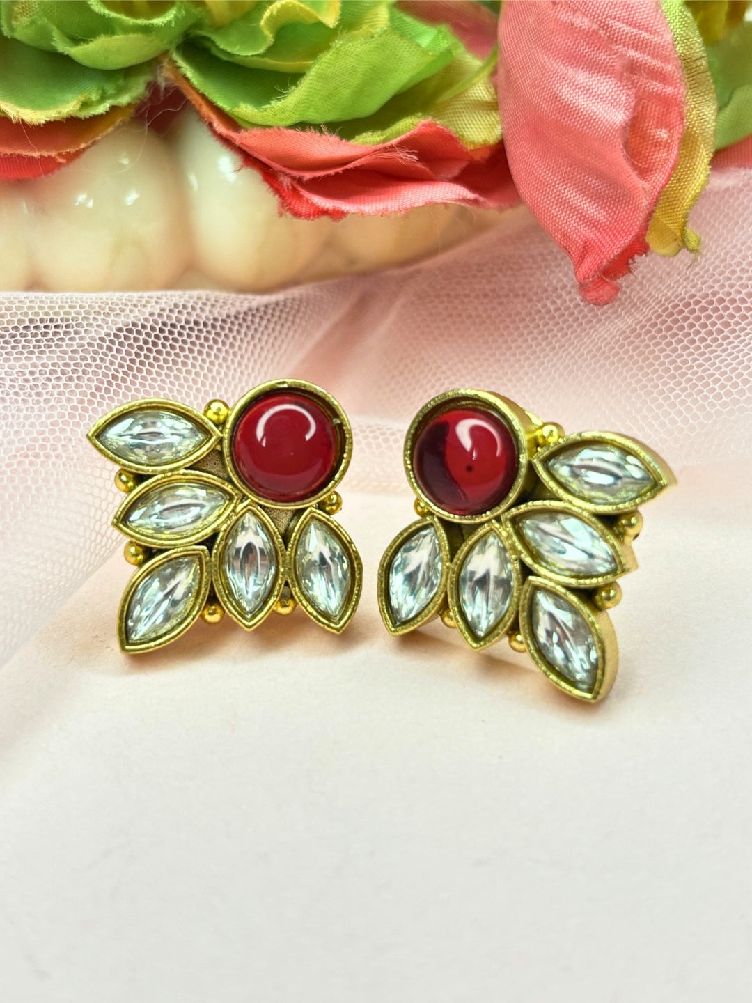 Gold-Plated Red Stone & White Crystal Leaf Design Stud Earrings