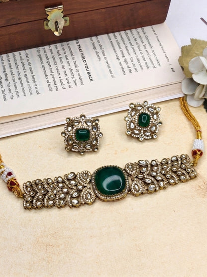 VIVAZS Green Kundan-Studded Cubic Zirconia Golden Necklace Set