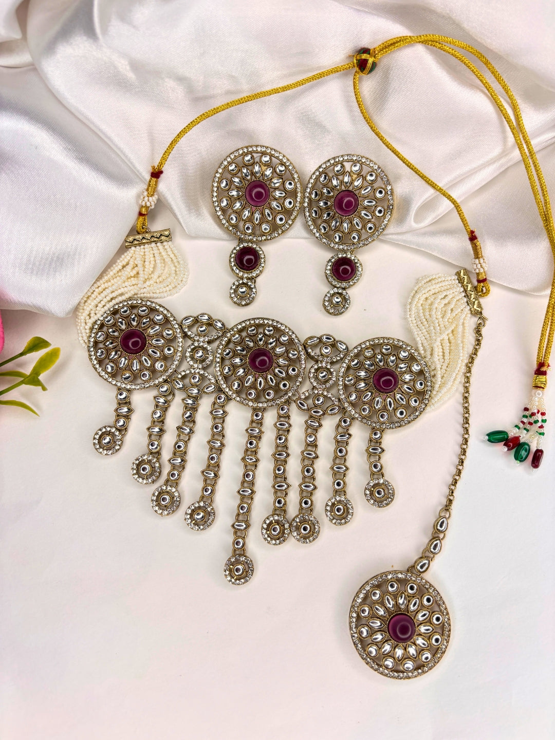 Gold-Plated Red Kundan Stone Choker Jewellery Set