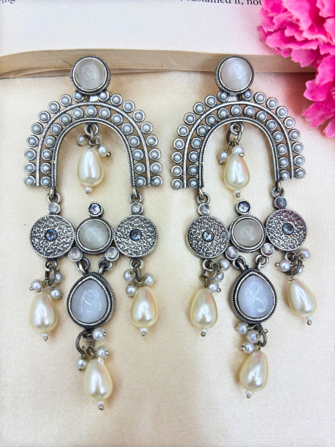White Stone & Pearl Embellished Oxidised Statement Chandbali Earrings