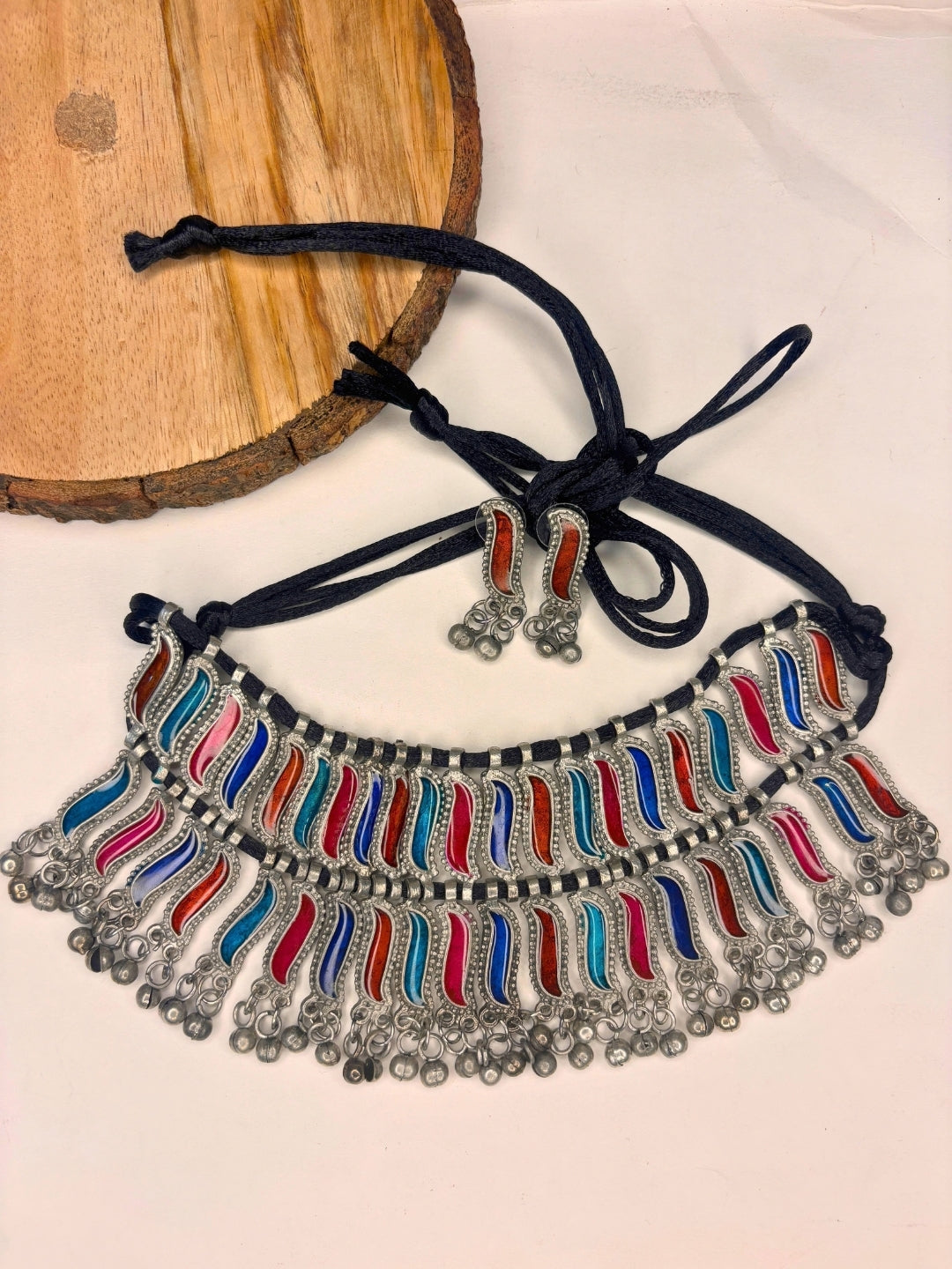 Oxidised Silver-Toned Multicolour Enamelled Statement Necklace Set