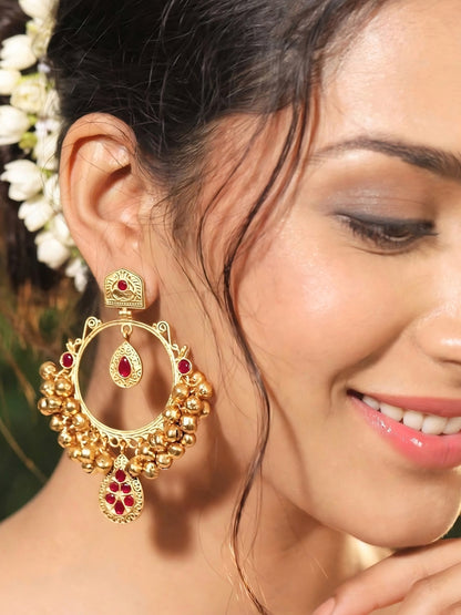 Gold-Plated Red Kundan Ghungroo Statement Earrings