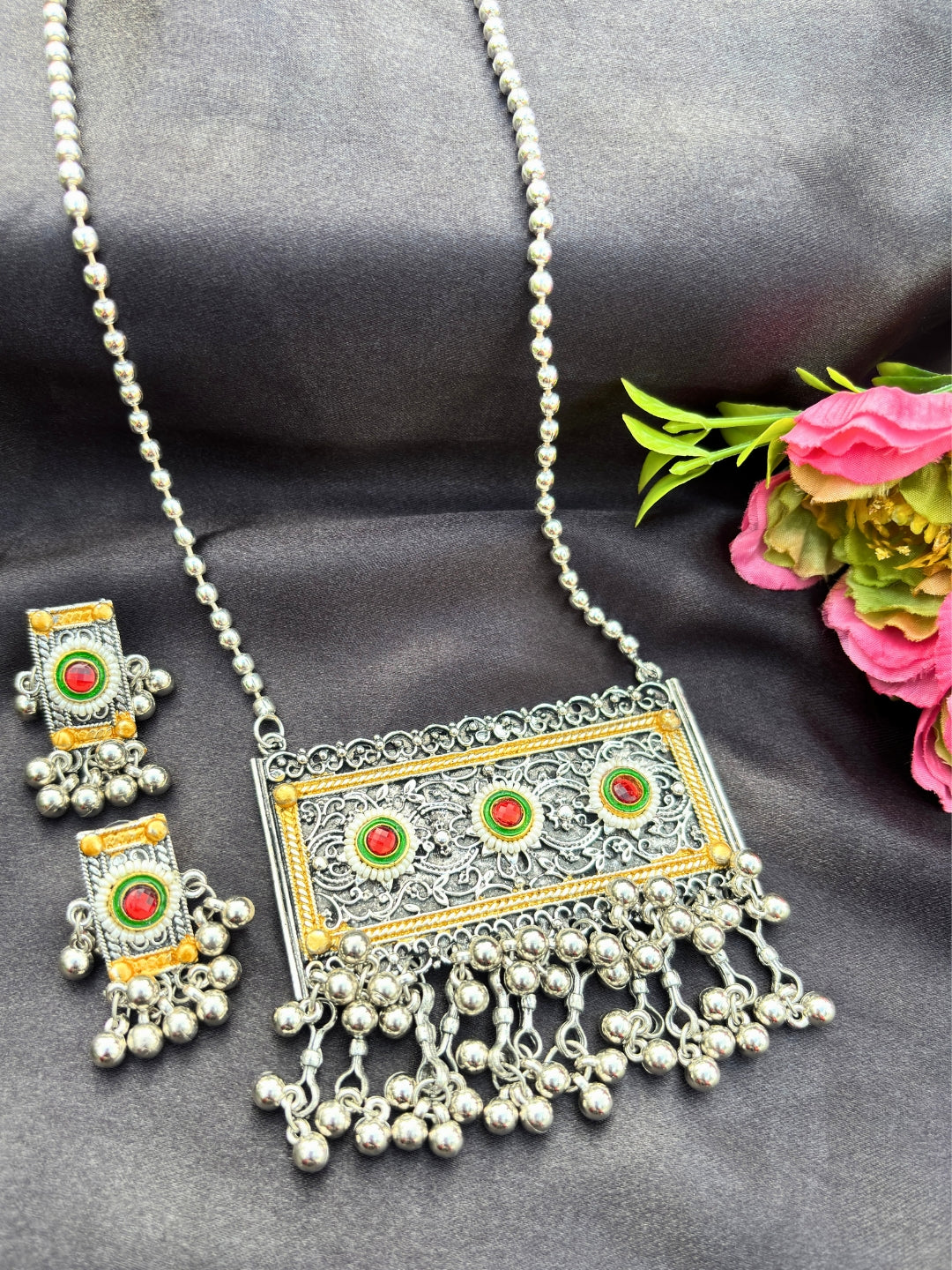 Women Oxidised Silver-Plated Long Pendant Necklace & Earrings Set
