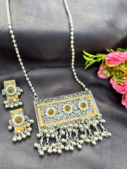 Women Oxidised Silver-Plated Long Pendant Necklace & Earrings Set